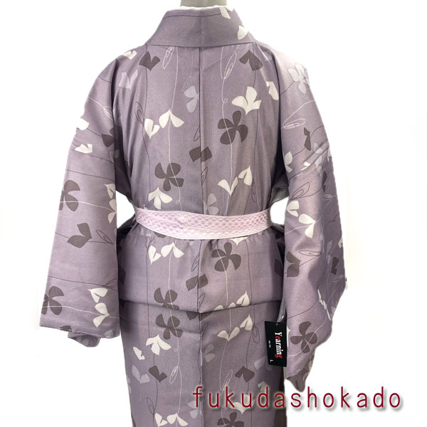 ワンタッチ着物 Lサイズ kjwk25-20l 薄紫 ツタ花 巻くだけ簡単 洗える