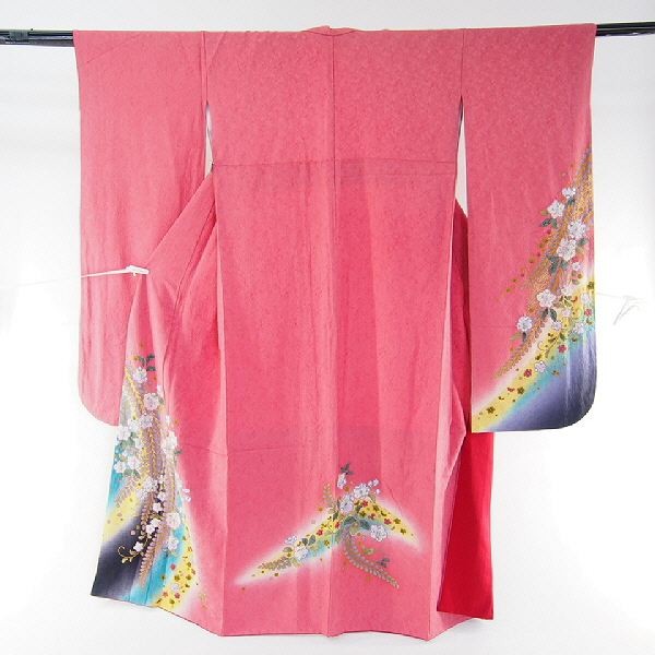 振袖 正絹 ピンク地に辻が花調模様のお振袖 Mサイズ 裄長め 送料無料