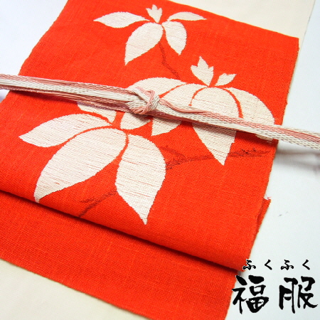 中古】 名古屋帯 麻 朱色地に枝花文様 お太鼓柄 八寸 夏帯