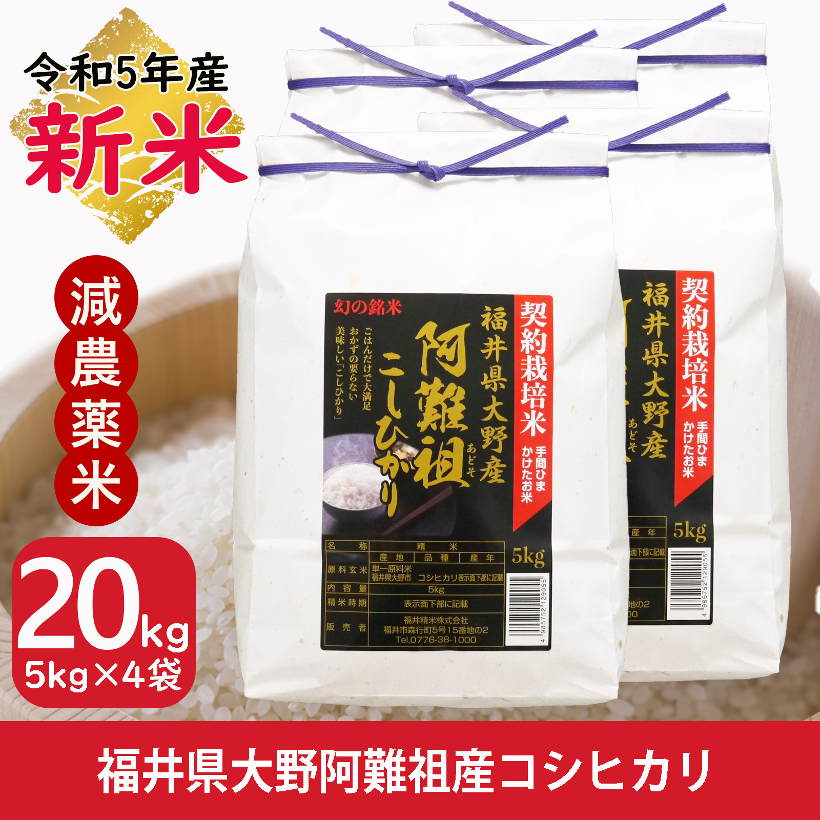 新米 米 コシヒカリ 20kg 5kg×4袋 福井県大野阿難祖産 白米 令和5年産 送料無料