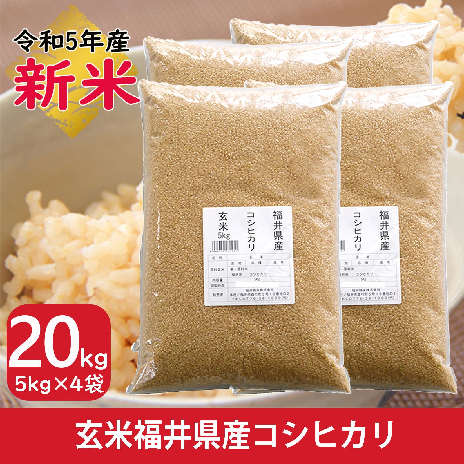 新米 米 玄米 20kg 送料無料 福井県産 5kg×4袋 コシヒカリ 令和5年産