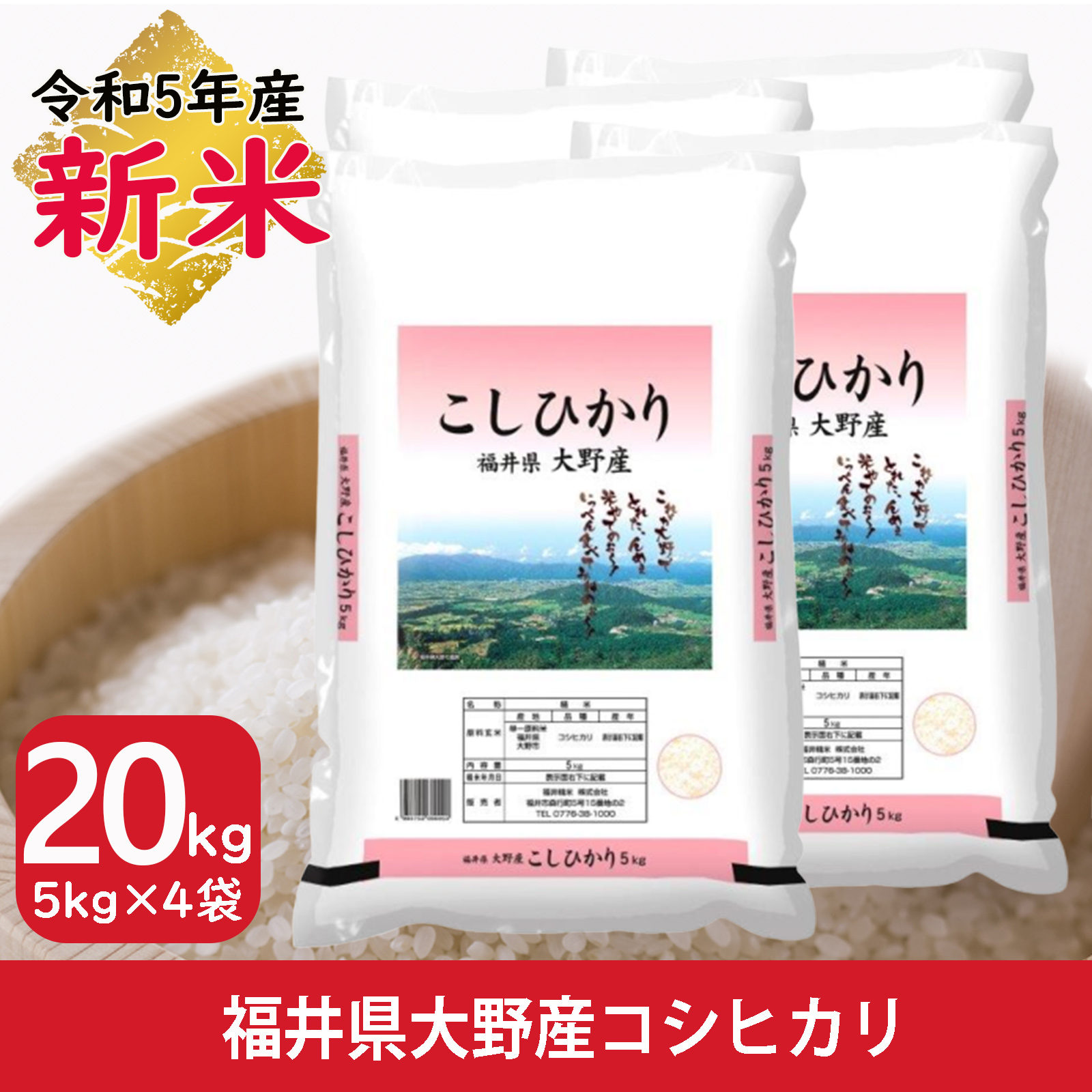 新米 米 20kg 5kg×4袋 コシヒカリ 福井県大野産 白米 令和5年産 送料無料