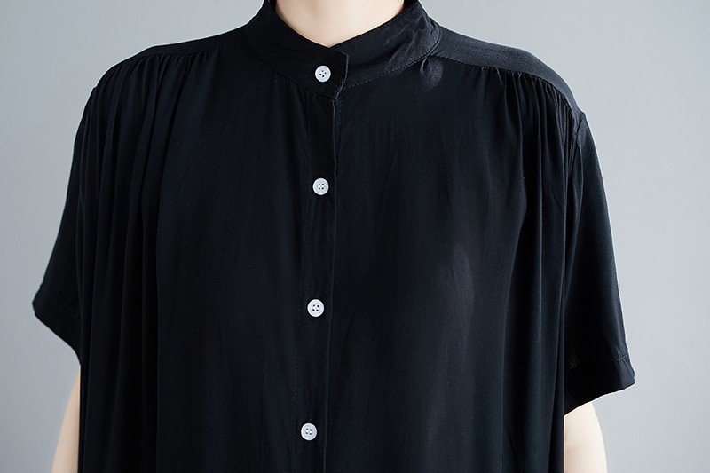 シャツ ブラウス ロングシャツ トップス レディース 夏 無地 チュニック フレア ギャザー入り 立ち襟 ゆったり コットン 半袖 着まわし 春 シャツ ブラウス ロングシャツ トップス レディース 夏 無地