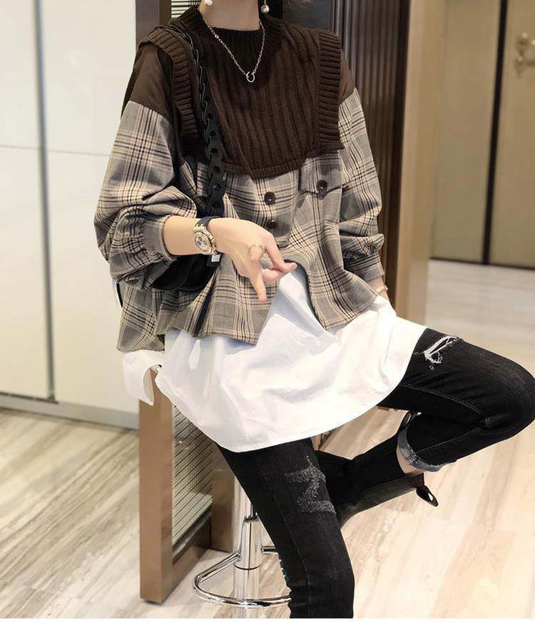 ニット セーター ブラウス レディース 長袖 パフスリーブ ラウンドネック 丸首 レイヤード風 重ね着 チェック ニットフェイクレイヤード ニットソー オシャレ 本物保証