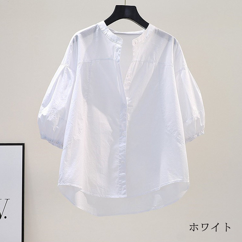 フリル袖 シャツ 半袖 レディース シャツブラウス タック 綿 半袖シャツ バルーンスリーブ 立ち襟 前後差 ボタン止め 夏 ブラウス シンプル トップス フリル袖 シャツ 半袖 レディース シャツブラウス タック 綿