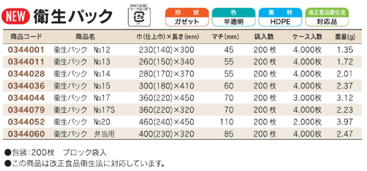 半透明 衛生パック NO.20 460(240)×450 mm マチ 110mm 1袋 200枚