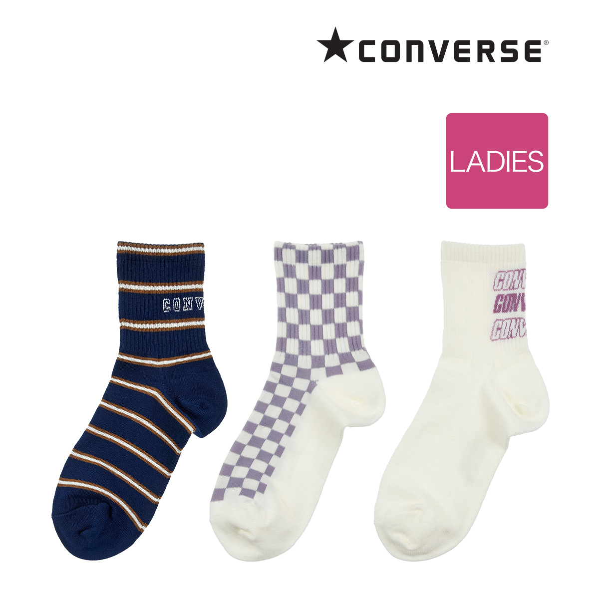 靴下 クルー丈 3足組 レディース CONVERSE (コンバース) 異柄アソート