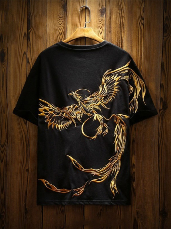 半袖Tシャツ 和柄刺繍 メンズ 刺繍 鳳凰 不死鳥 火の鳥 半袖 白 Tシャツ 黒Tシャツ 薄手 メ...