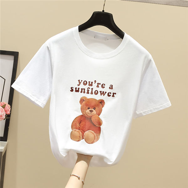 半袖tシャツ レディース 白 プリント ロゴ クマ かわいい ロングT