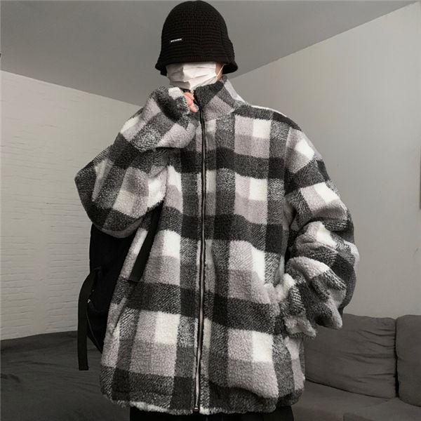 フリースジャケット メンズ ボアジャケット もこもこ フリース ジップアップ チェック柄 防寒防風 暖かい 韓国風 ファッション おしゃれ 人気 送料無料｜fukuya-store｜02