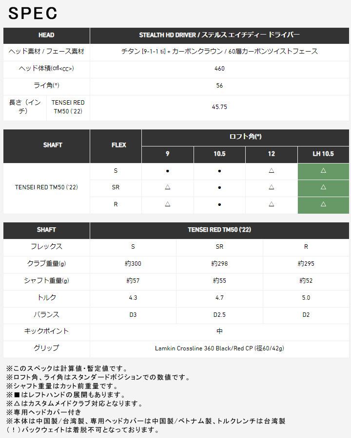 テーラーメイド ステルス HD ドライバー 9° Sシャフト：TENSEI RED