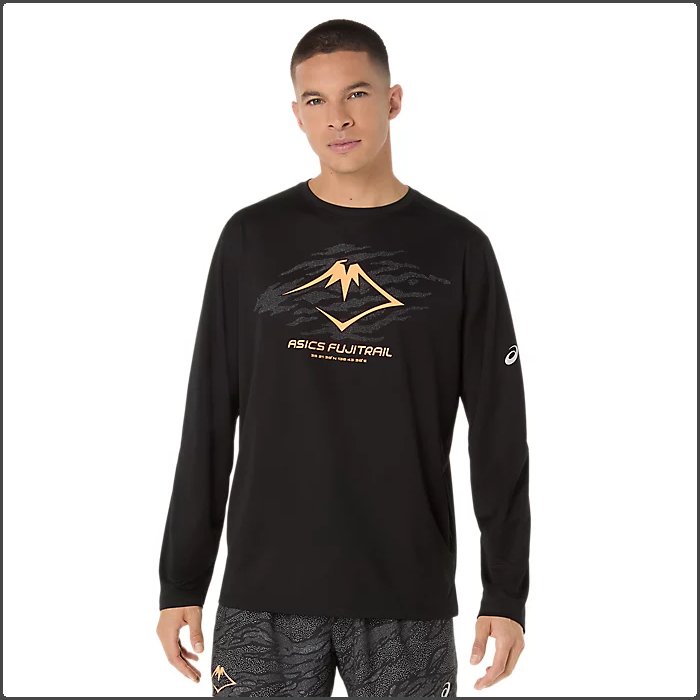 アシックス メンズ FUJITRAILロゴ長袖シャツ トレイルランニング Tシャツ 運動 スポーツウェア トレーニングウェア ブラック カーキ asics 2011D391 | ASICS | 01