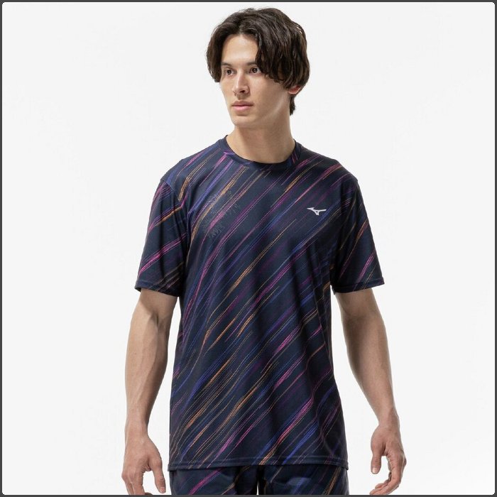 爆買 ミズノ メンズ グラフィック Tシャツ 半袖 陸上 マラソン ジョギング ナイトラン トレーニングウェア 運動 スポーツウェア ネイビー mizuno J2MAC550 | MIZUNO | 01