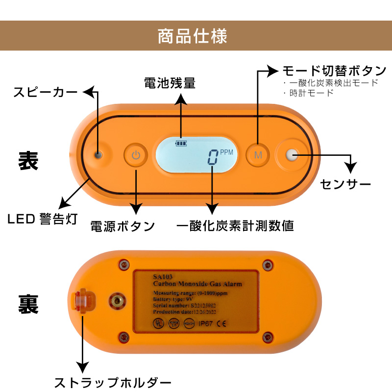 一年保証 一酸化炭素チェッカー 日本製 一酸化炭素警報器 防水 キャンプ 一酸化炭素警報機 サウナ 一酸化炭素 警報機 検知器 ガス警報器 IP67