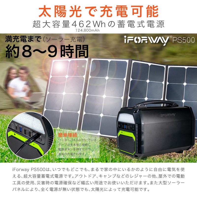 一年保証 iForway PS500 大容量 ポータブルバッテリー ソーラーパネル付き ポータブル電源 100w ソーラーパネル セット  124800mAh 462Wh