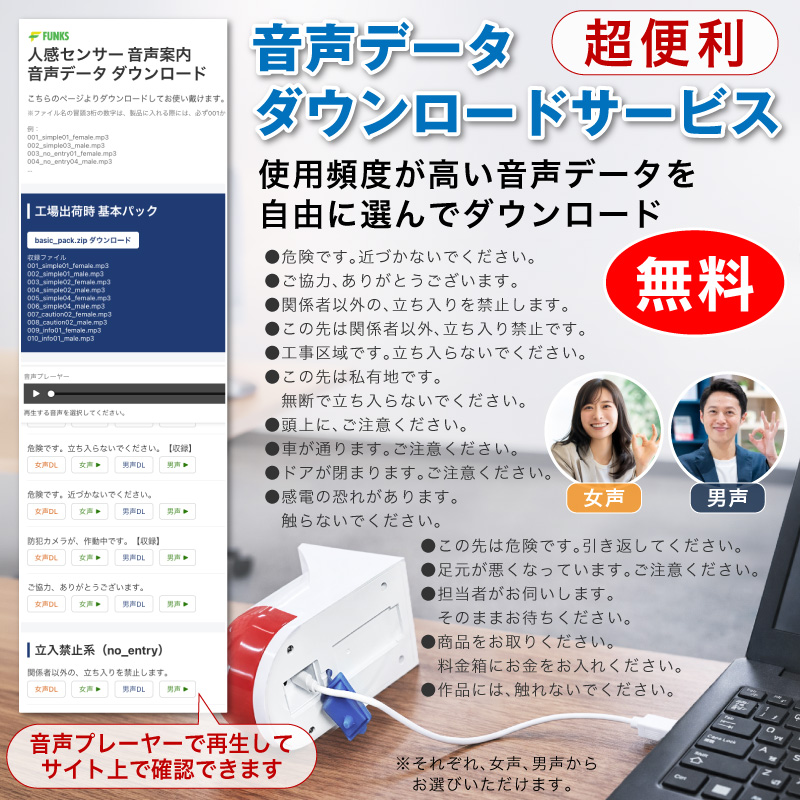 一年保証 FUNKS 人感センサー 音声案内 音声再生 屋外 ソーラー 音声