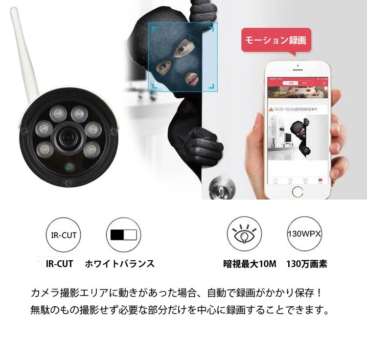 7インチモニター無線防犯カメラセット 200万画素 高画質 無線NVR +