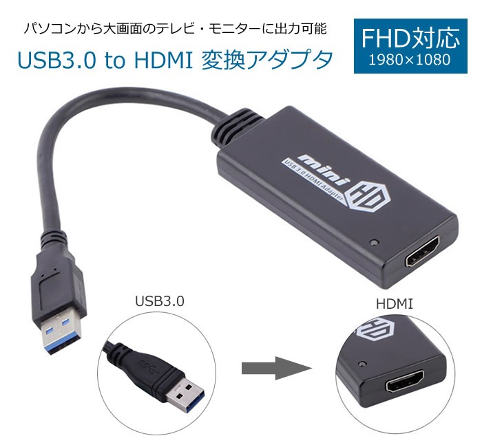 USB3.0 to HDMI 変換アダプタ PCからHDMIコンバータ　Windows8.1/8/7対応 1080P フルHD マルチディスプレイ対応  音声出力 パソコンからテレビ大画面に USB2HDMI