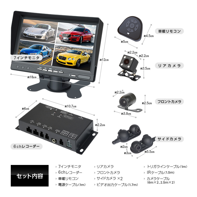 360°録画ドライブレコーダー 前後左右録画 分割表示対応 7インチ