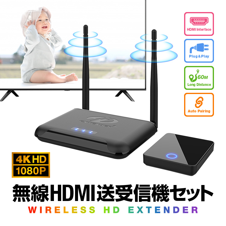 無線HDMI送受信機セット ワイヤレス転送キット ビデオトランスミッター 4K HD/1080P対応 最大60M転送 3D対応 自動ペアリング  VT813 : org03906 : スカイネットヤフーショップ - 通販 - Yahoo!ショッピング