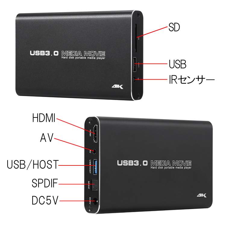 4Kメディアプレイヤー 5GBメモリ レジューム再生 2.5inchHDD/SSD内蔵