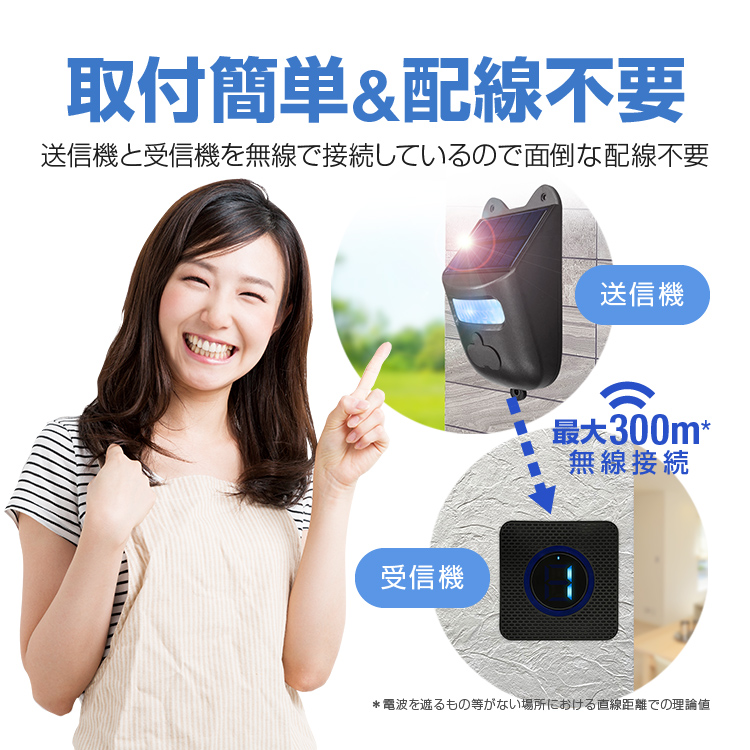 ワイヤレスチャイムセット 送信機1台+受信機2台 人感センサー ソーラー