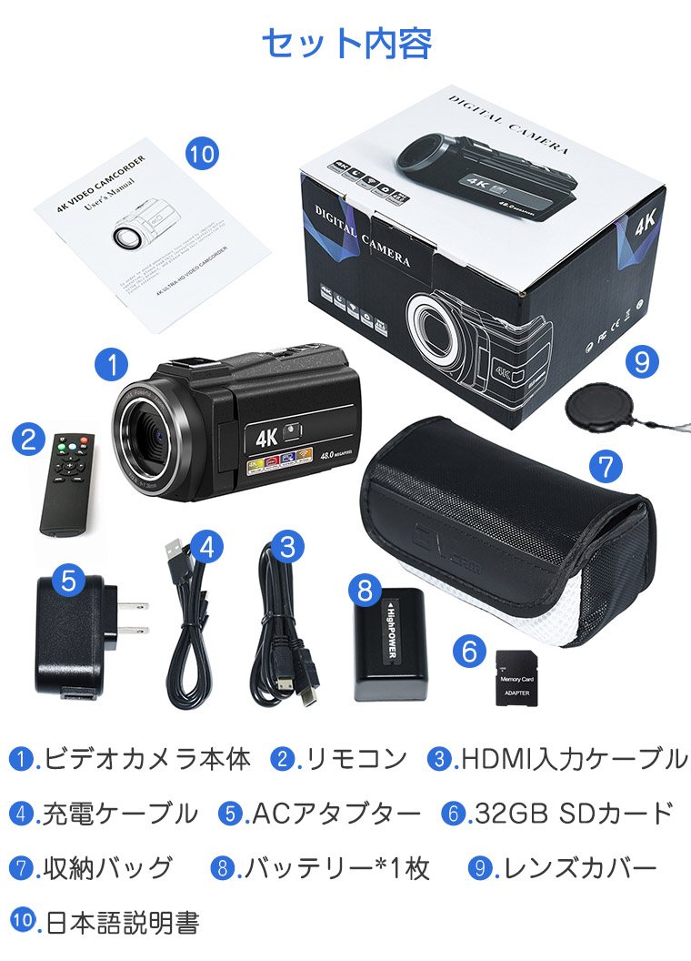 カメラ ビデオカメラ ビデオカメラ 4K ソニー CMOSセンサー 4800万画素 16倍ズーム YouTube 