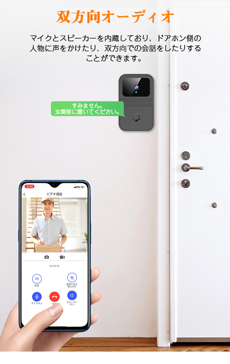 インターホン ワイヤレス 工事不要 カメラ付き ドアホン 通話 スマホ連動 ビデオドアベル 無線 WIFI 防犯カメラ 双方向音声 遠隔監視 家族共有  呼び出しチャイム