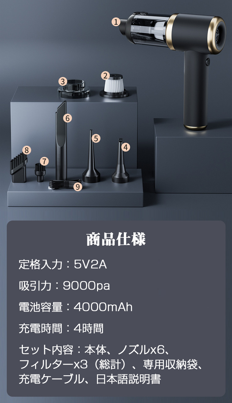 13点セット】ハンディクリーナー コードレス 9000pa 強力 超強力