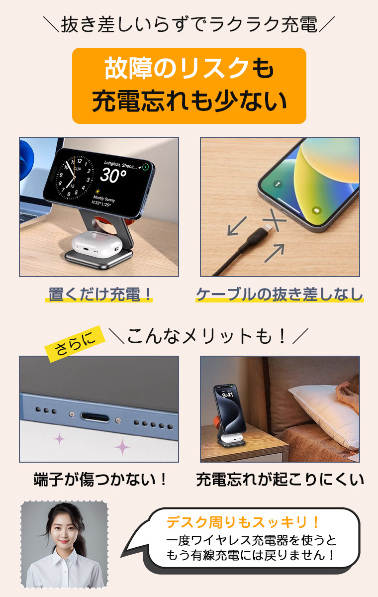 ワイヤレス充電器 マグネット MagSafe 充電器 3in1 15W 急速 iPhone