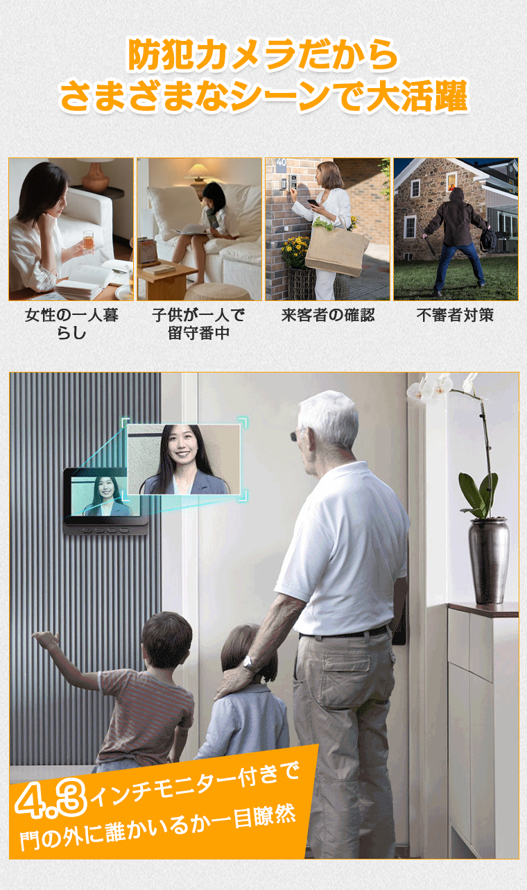 インターホン ワイヤレス WIFI不要 アプリ不要 工事不要 カメラ付き