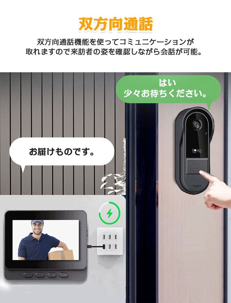 インターホン ワイヤレス WIFI不要 アプリ不要 工事不要 カメラ付き