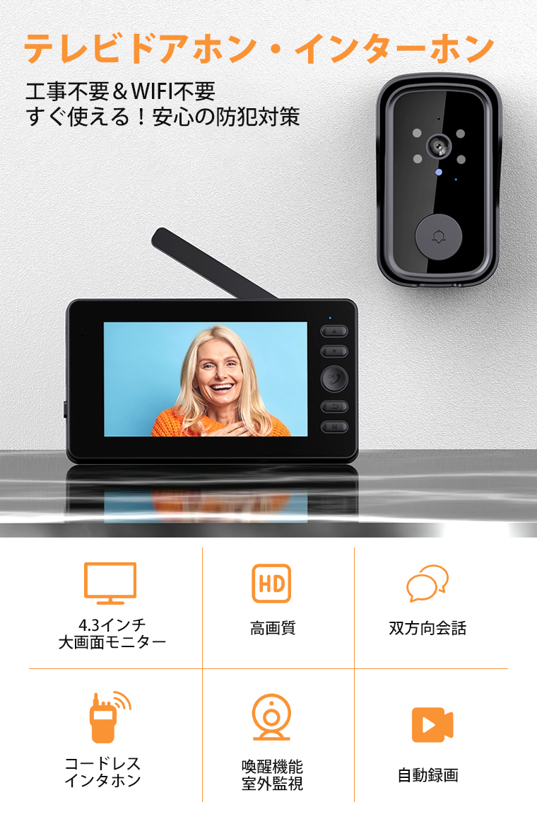喚醒機能】インターホン カメラ付き 工事不要 ワイヤレス モニター付き