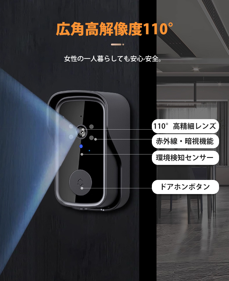 喚醒機能】インターホン カメラ付き 工事不要 ワイヤレス モニター付き