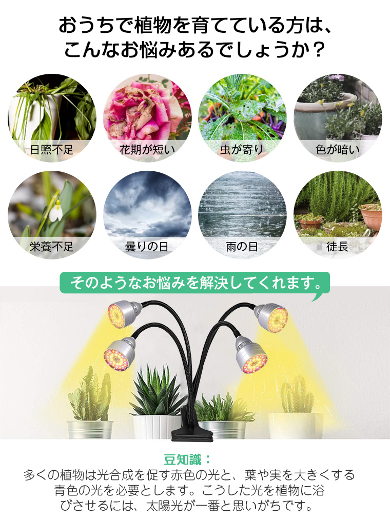 植物育成ライト タイマー LED植物育成灯 観葉植物 多肉植物 4灯式 フルスペクトル 5階段調光 104LED 育成ランプ 室内栽培ライト  水耕栽培ランプ 光補足 : mjd1250 : funtto - 通販 - Yahoo!ショッピング