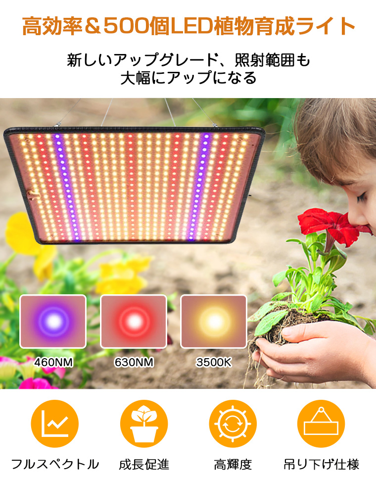 植物育成ライト LED パネル 500個LED 屋内 屋外用 フルスペクトル 観葉植物 多肉植物 室内園芸 植物ライト 600W相当 ソーラー led  水草栽培 野菜工場 : mjd1384 : funtto - 通販 - Yahoo!ショッピング