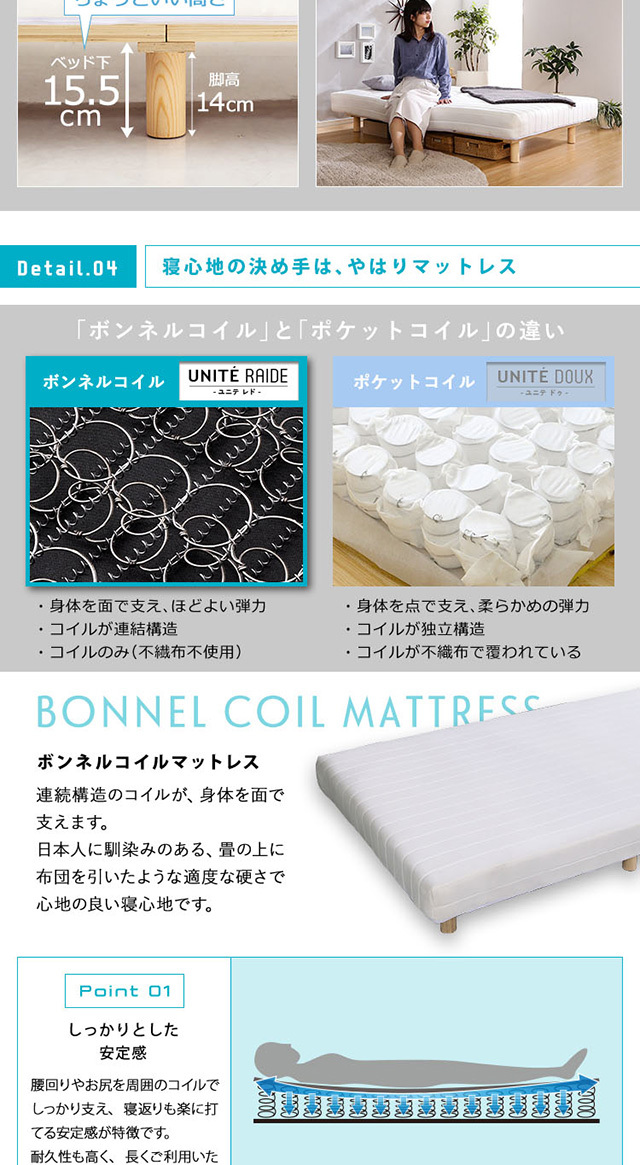脚付きマットレス セミシングル 幅80×長さ195cm ボンネルコイル  