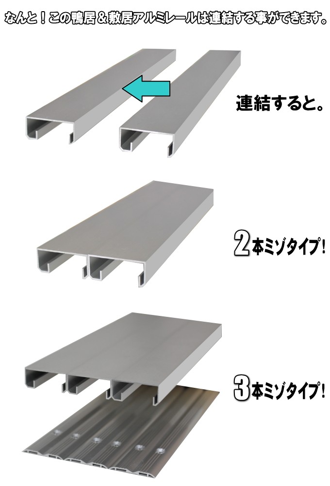 鴨居・面付アルミレールセット 長さ1820mm（1本引きタイプ）横に連結