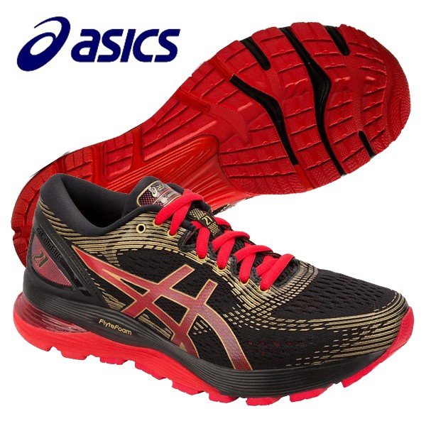 名前入りシューズ袋プレゼント！アシックス asics ゲル ニンバス 21 GEL-NIMBUS 21 1012A235-001 レディース ランニングシューズ マラソン ジョギング 黒 赤｜futabaathlete｜02