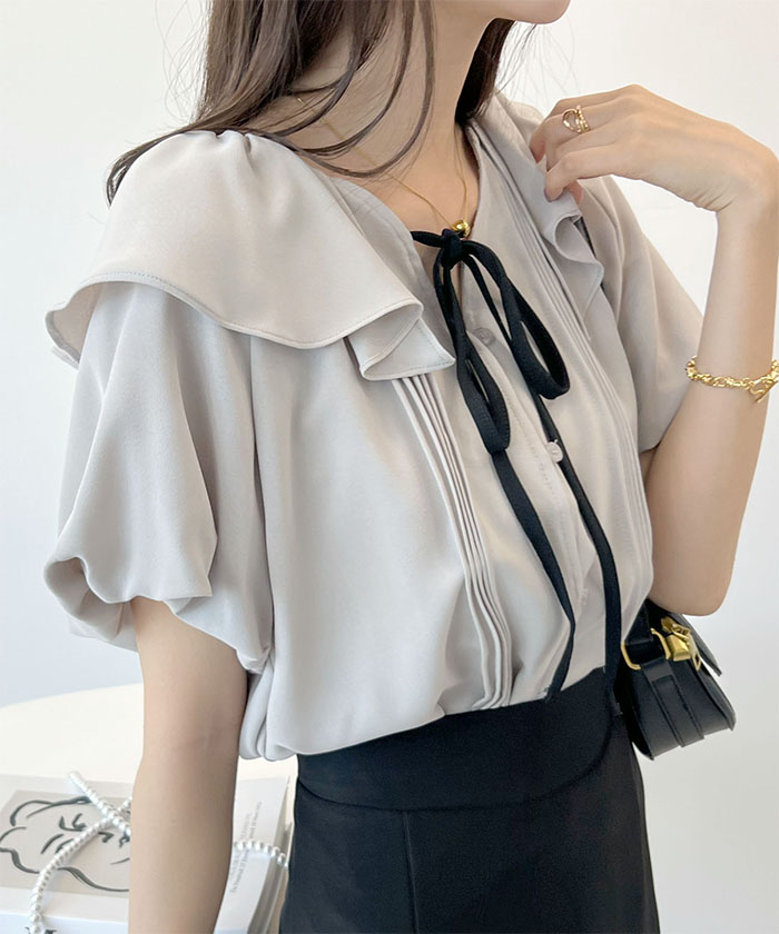 Futier Land ブラウス トップス フリル リボン ふんわり パフスリーブ