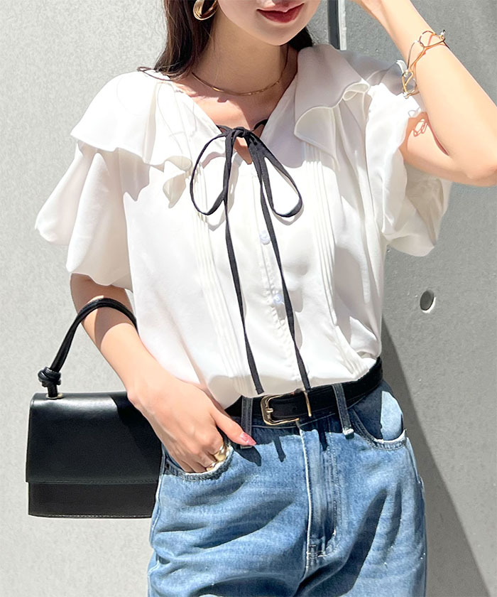 Futier Land ブラウス トップス フリル リボン ふんわり パフスリーブ