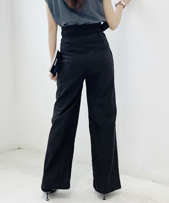 パンツ ワイドパンツ リネン ハイウエスト ラップ 韓国 ファッション