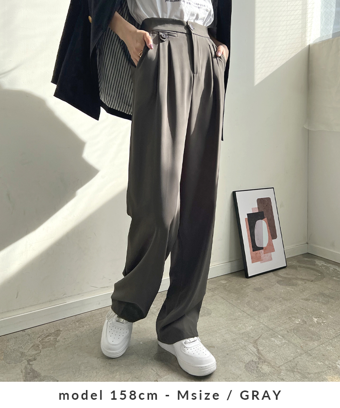 パンツ オフィスカジュアル カジュアル 韓国 ファッション / ハイウエストツータックスラックス