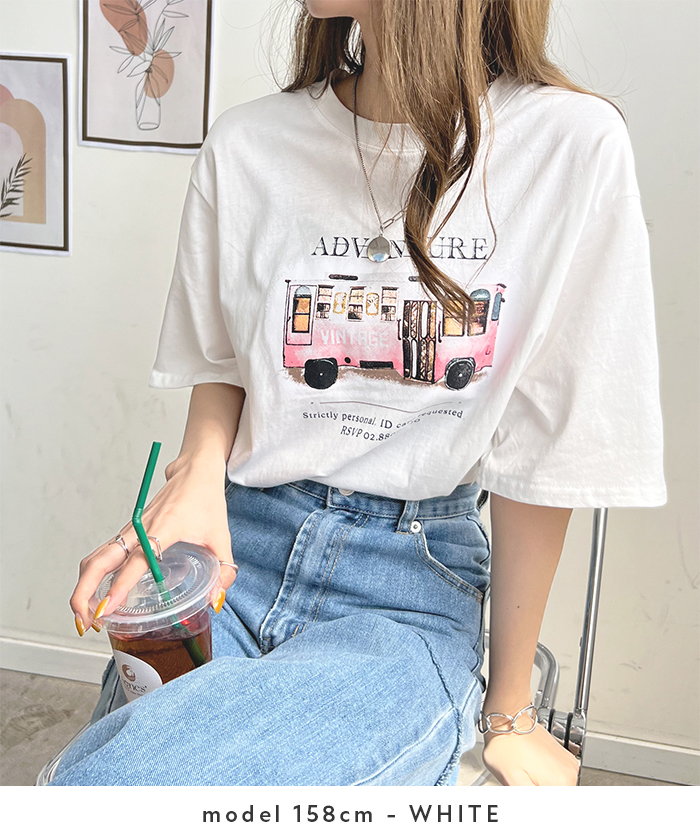 カットソー Tシャツ 半袖 レディース 春 夏 かわいい カジュアル きれいめ ロゴ シンプル 韓国 ファッション / バスロゴTシャツ｜futier-land｜02