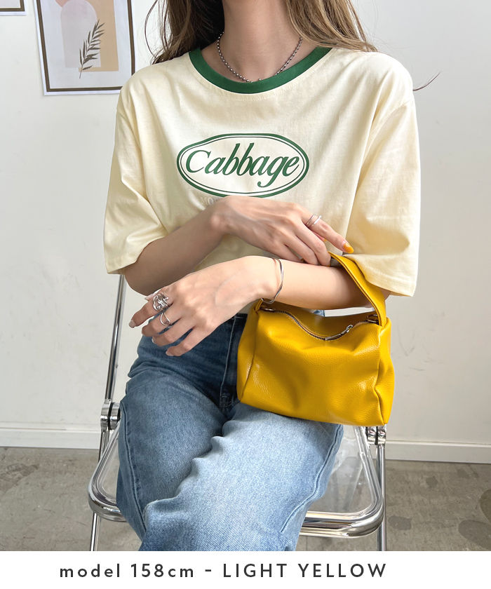 カットソー Tシャツ 半袖 レディース 春 夏 かわいい カジュアル プリント ロゴ シンプル 韓国 ファッション / CabbageロゴリンガーTシャツ｜futier-land｜03