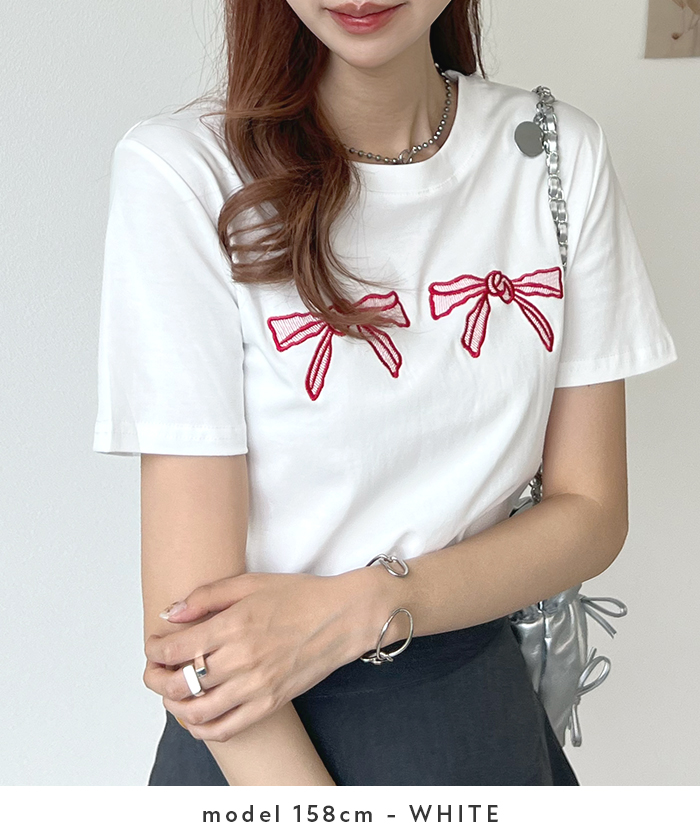 コットン100％ 綿100％ リボン 刺繍 Tシャツ ぴったり 可愛い  シンプル 半袖  レディー...