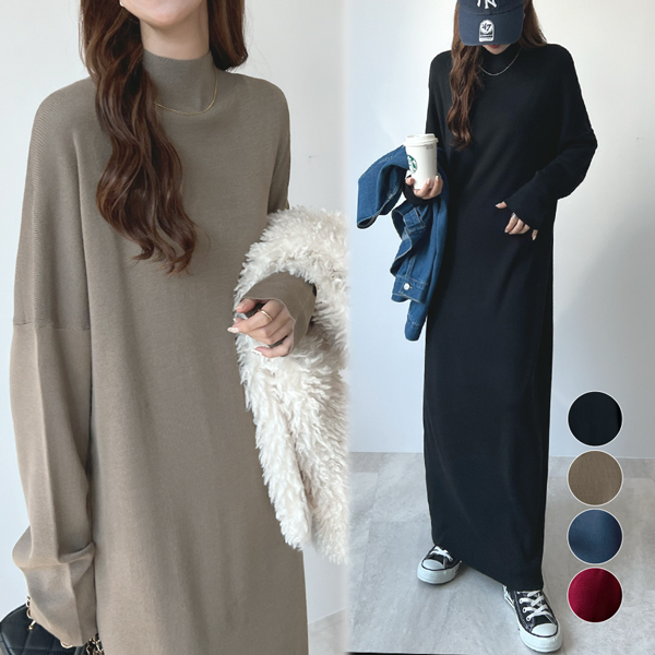 ハーフハイネック ニット ボトミングワンピース 上品 ベルト付 Futier Land カシミヤタッチ ハイネック 首回りを締め付けない