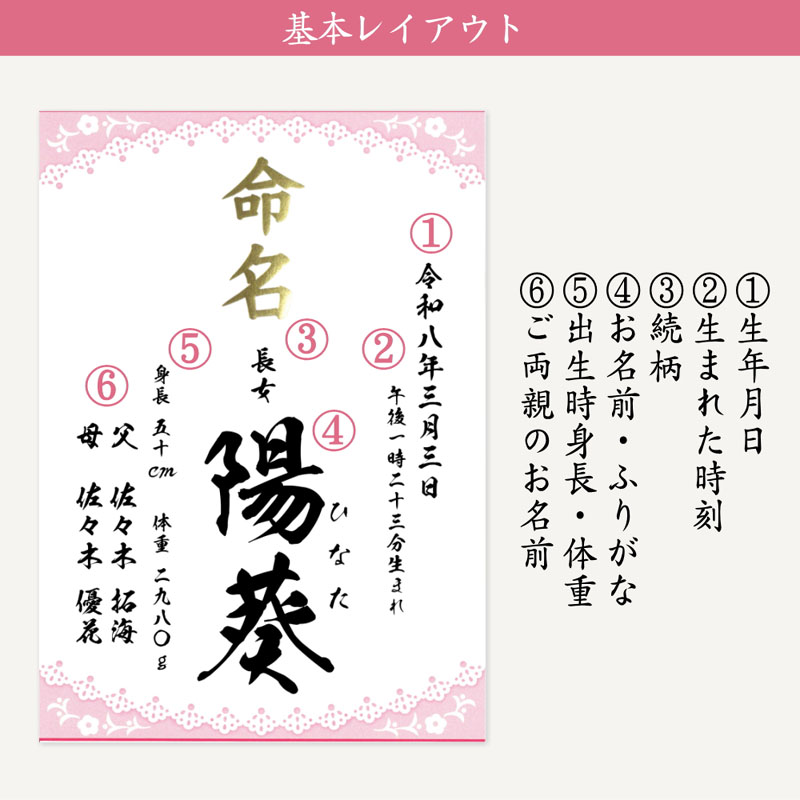 命名書 オーダーメイド ピンク レース 女の子 命名紙 代筆 風 A4