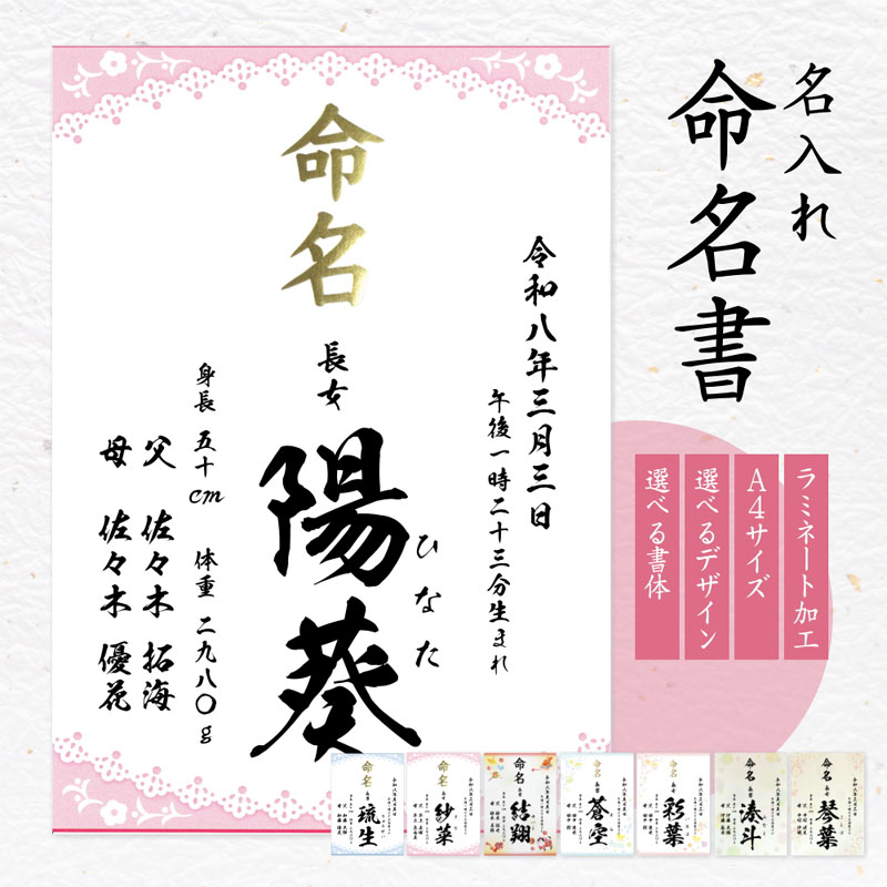 命名書 オーダーメイド ピンク レース 女の子 命名紙 代筆 風 A4