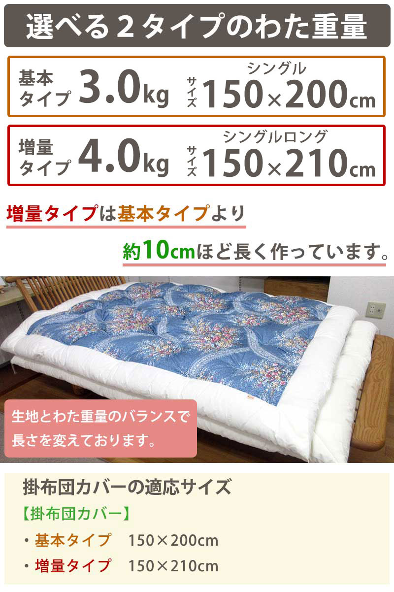 綿わた 和布団 綿混 掛布団 シングルロング 150×210cm 増量タイプ 4.0